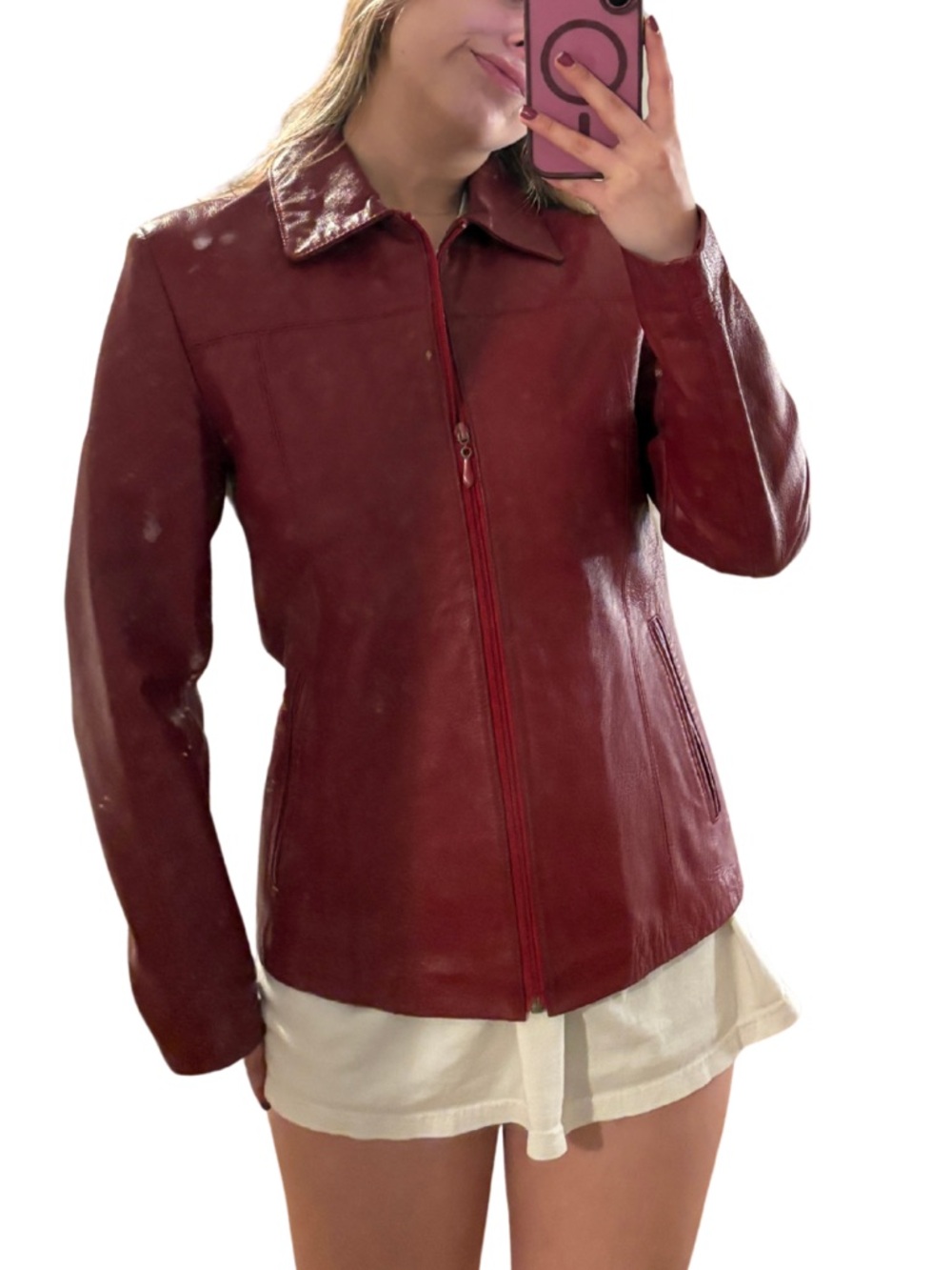 Vintage Dark Red Leather Zip Up Jacket